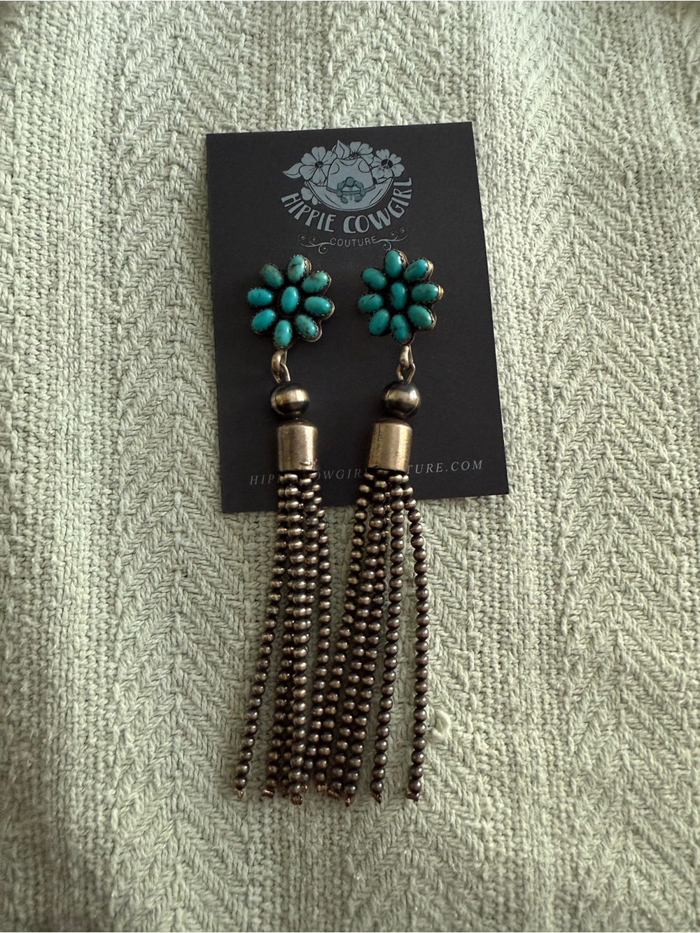 Turquoise Floral Tassel Drop Earrings by